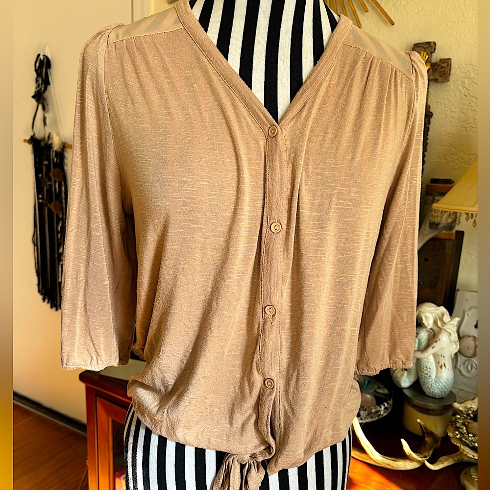 Two Colors, Two Matching Tye Front Black Tan 3/4 Sleeve Blouses Sheer Shoulders